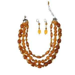Vintage 3 Strand Amber Orange Crackle Lucite Art Beaded Necklace & Earrings Set